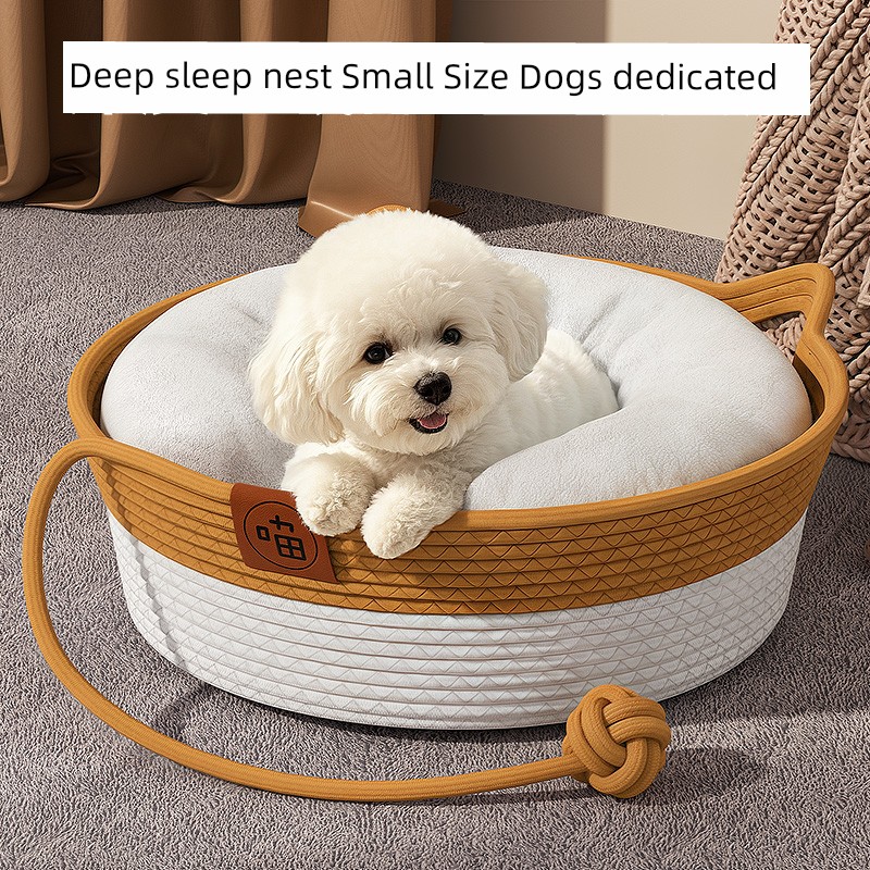 Kennel Winter Heattech Coarse Linen Rattan Cat Nest All Year Round Neutral Removable and Washable Dog Bed Small Size Dogs Sleep Pet Supplies