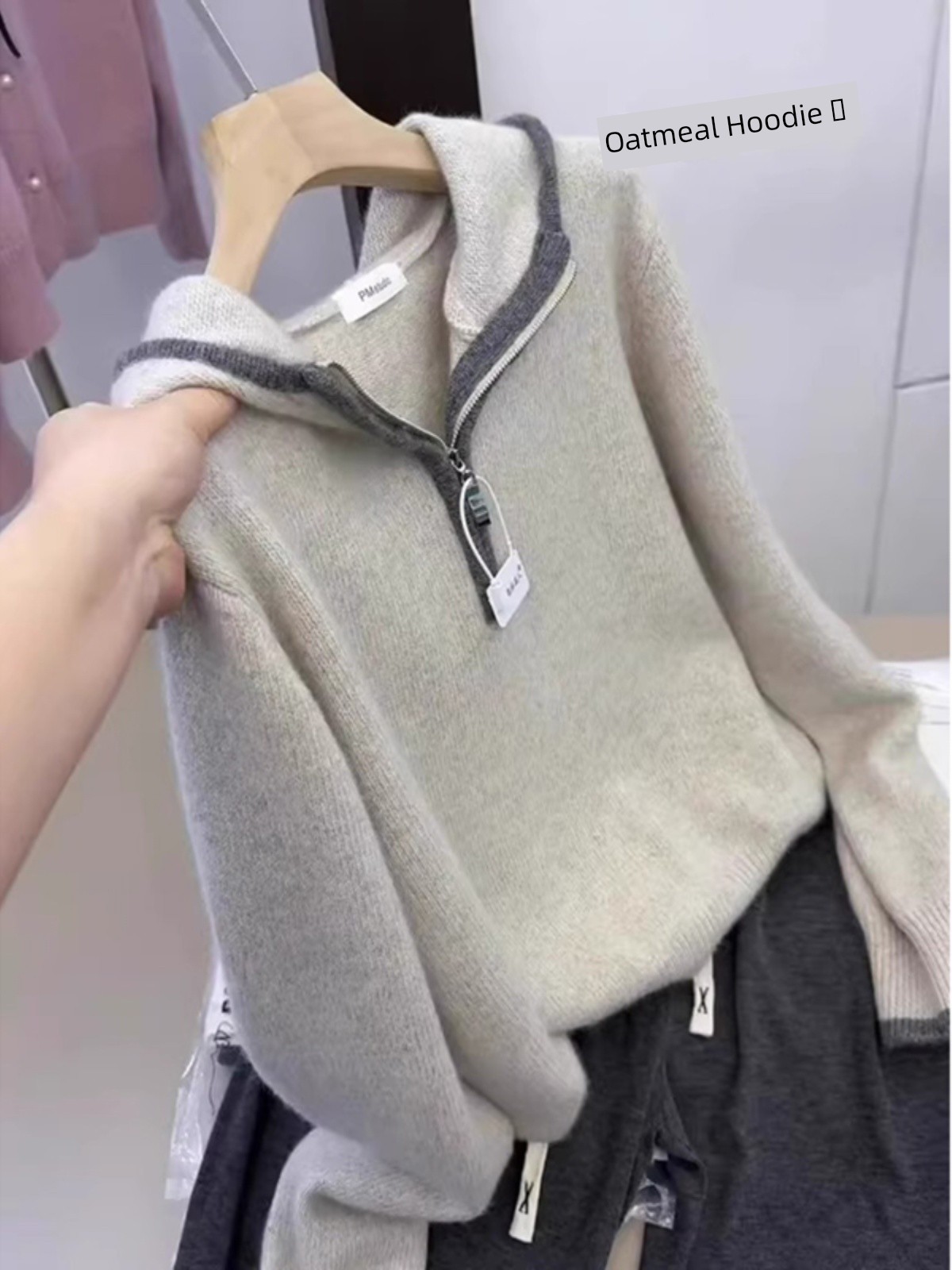 Recommendable! European Goods Classy Hooded Half Zipper Oatmeal Color Cashmere Sweater Women's Spring Thickened Thermal Sweater