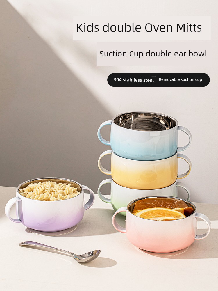 Stainless Steel Children's Bowl Food Grade Double-Ear Supplement Food Bowl Tableware Set Double-Layer Drop-Resistant Soup Bowl with Lid for Baby Eating