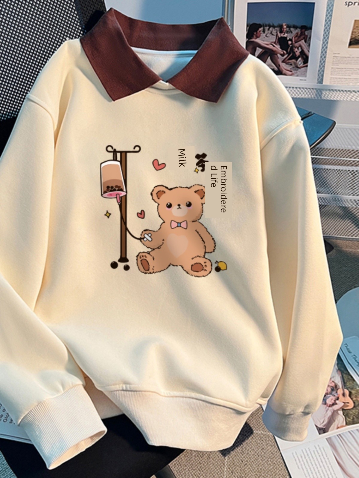 Polo Collar Idle Style Fall and Winter Velvet Padded Thickened Sweater Female 2025 New Arrival Plus Size Plus Size Ladies Bear Turn-down Collar Coat Tide