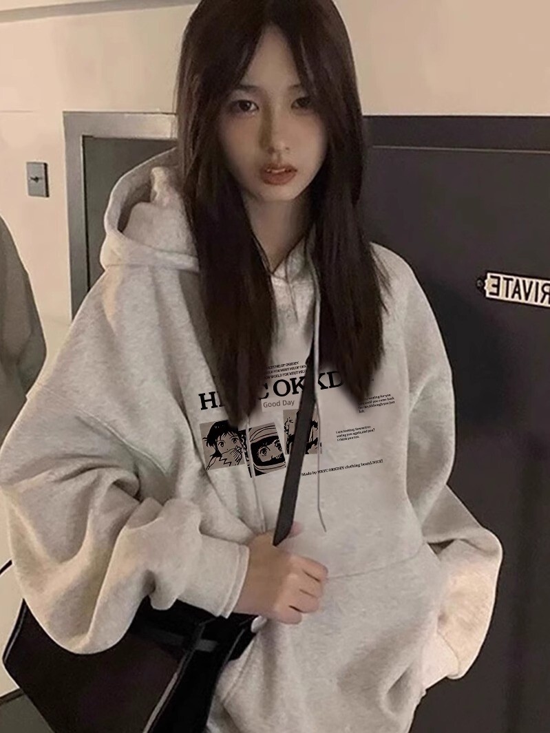 Heavy Weight Pure Cotton Silver Fox Velvet American Hiphop Hooded Sweatshirt Female Spring & Fall Velvet Padded Loose Niche Style Lazy Coat