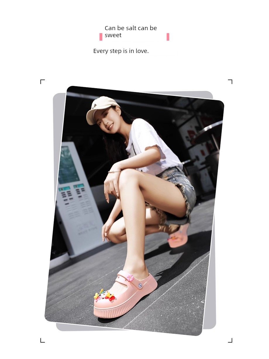 Mary Jane Slippers Women's Summer Outwear Lightweight Hole Shoes Thick Sole Non Slip Beach Shoes Breathable Closed Toe Semi-Slipper Sandals