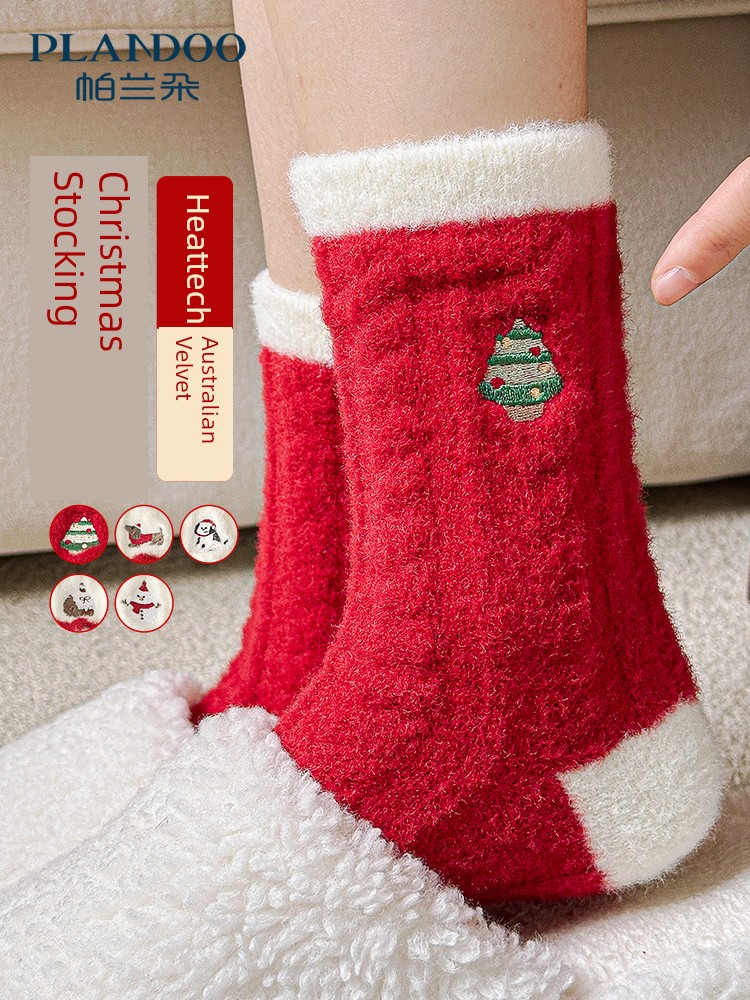 Christmas Socks Women Autumn and Winter Fleece-lined Thickened Australian Velvet Tube Socks Winter Year of Fate Cute Red Warm Stockings