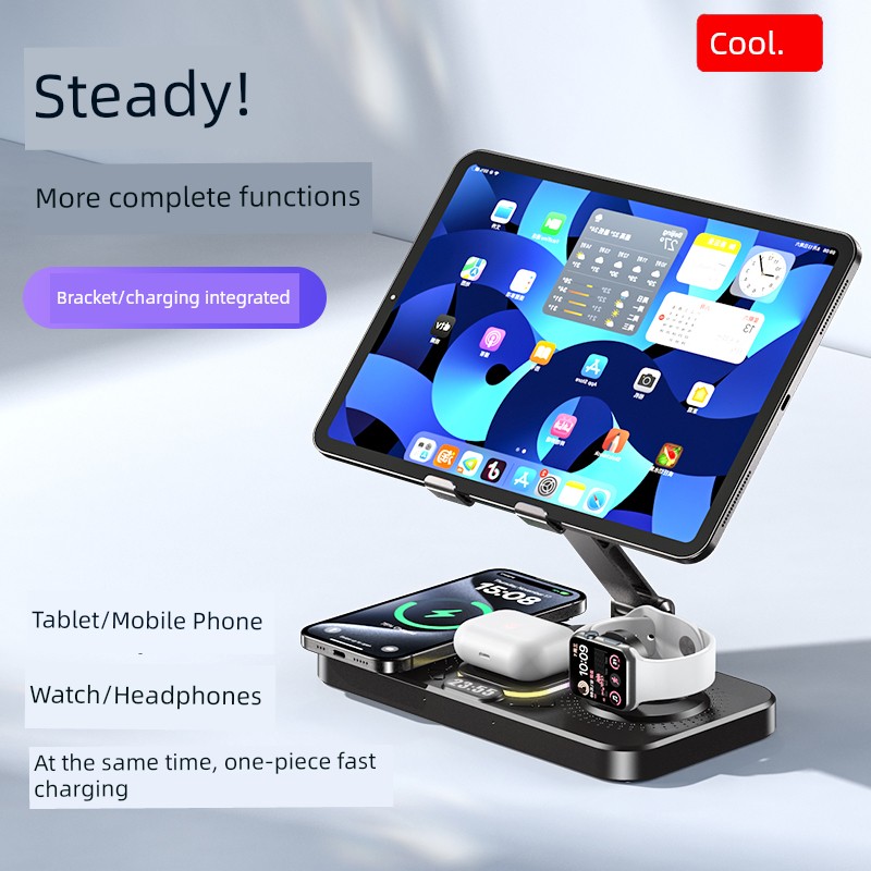 Miaoku iPad Tablet Stand Mobile Phone Watch Headset Three-in-One Magnetic Charging Base Desktop Lazy Holder Rotatable Foldable Aluminum Alloy Pro Shelf Portable for Apple
