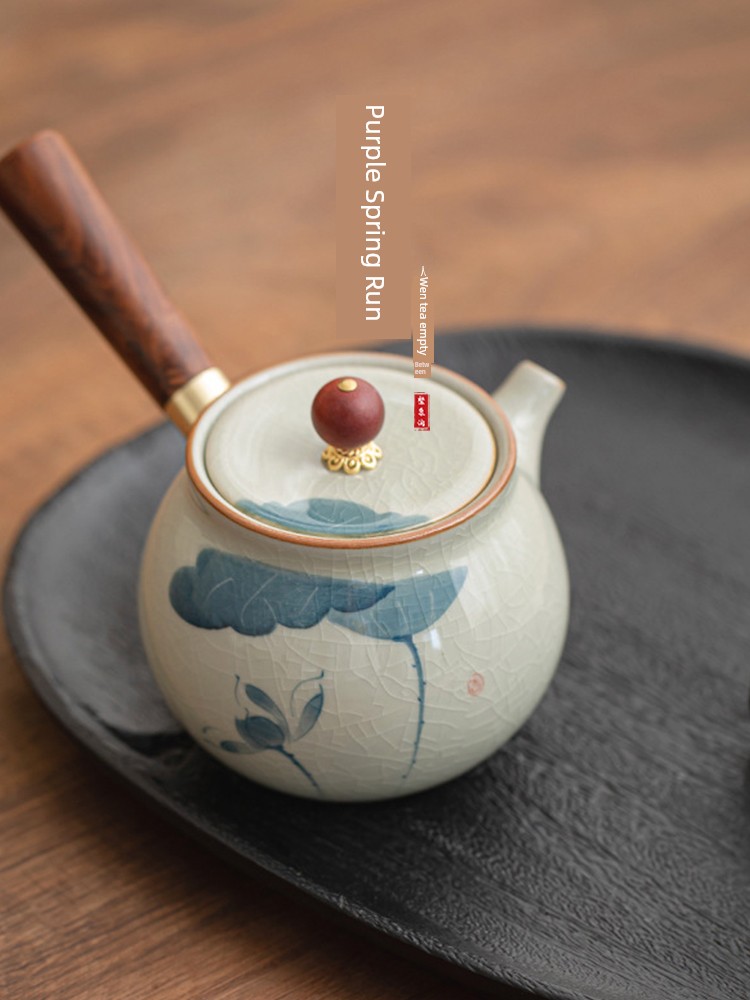 Jojo's L. Pd. Ziquan Jian. Teapot Ceramic Ge Kiln Hand Painted Side Handle Pot Kung Fu Single Teapot | Duke