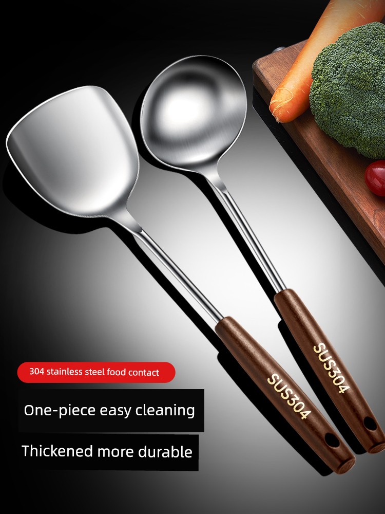 304 Stainless Steel Spatula For Home Cooking Shovel Kitchenware Scraper Wooden Handle Spatula Spoon Soup Spoon Suit