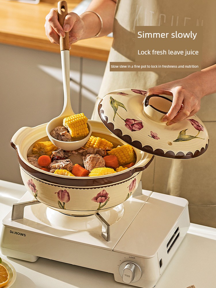 Modern Housewife Raspberry Tulip Casserole Household Soup High Temperature Resistant Dry Burning Non-Cracking Ceramic Pot Gas Stove Dedicated