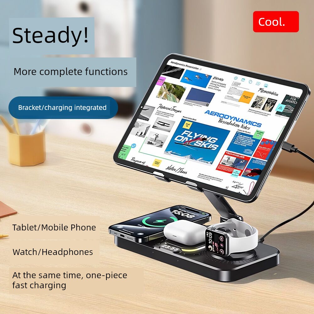 Miaoku iPad Phablet Charging Bracket Watch Headset Magnetic Three-in-One Wireless Charger Pro Foldable Rotate Online Class Alloy Desktop Fast Charging Base for Apple Huawei
