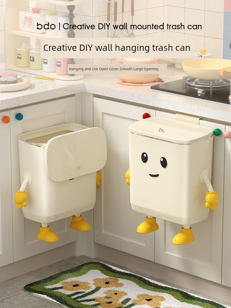 Trash Can for Household Kitchen, Waist-Free Hanging Wall-Mounted Sanitary Bucket with Lid, Good-looking Ins Style Living Room