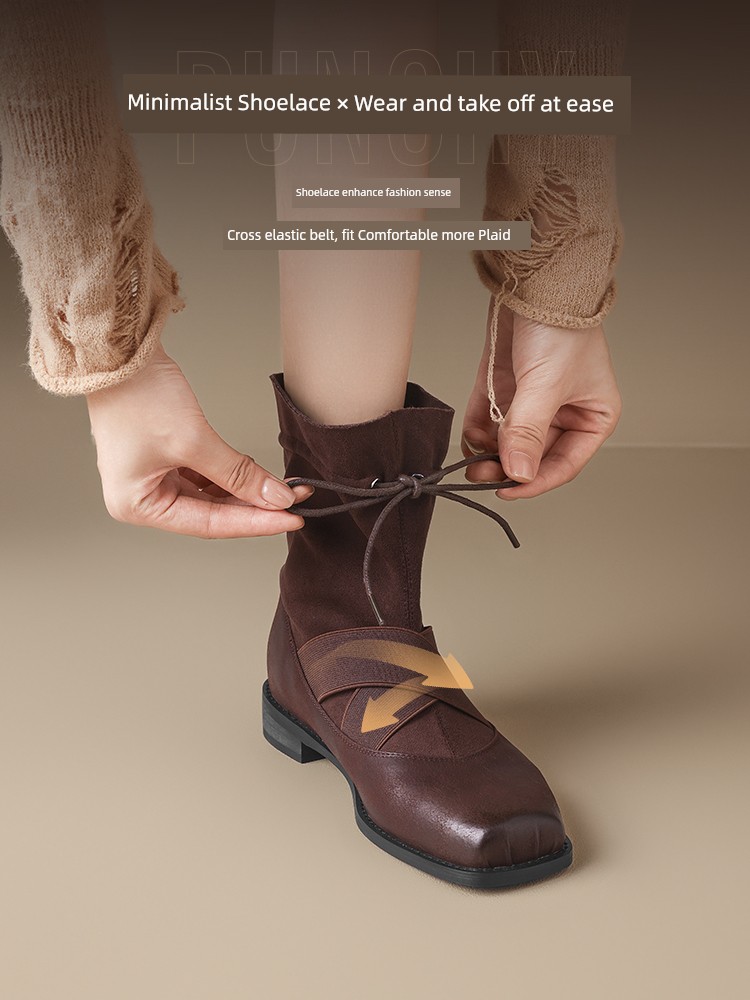 Sheepskin French style Ankle Boots Women 2024 New Autumn and Winter Maillard Thin Boots Ballet Socks Boots Thick Bottom Chelsea