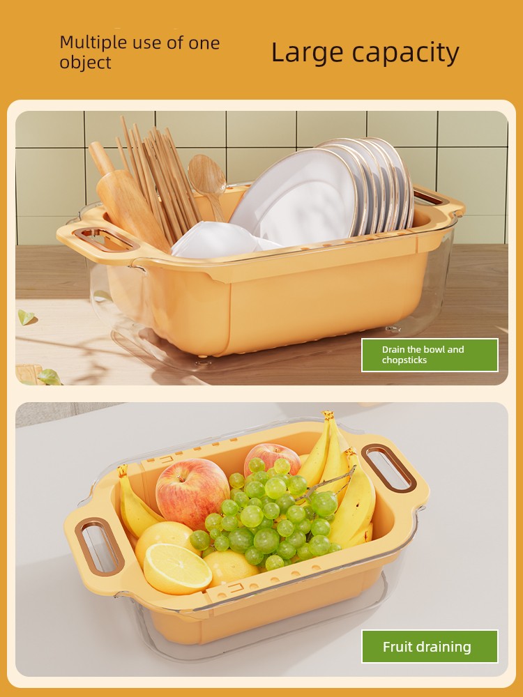 Double-Layer Adjustable Drain Basket Kitchen Rectangular Vegetable and Fruit Washing Single Sink Sink Large Capacity Plastic Washing Basin