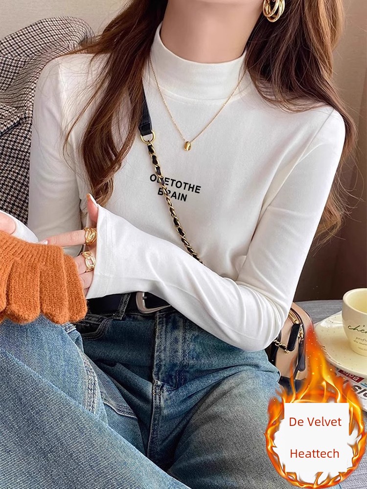 Dralon Half Turtleneck Bottoming Shirt Women's Autumn and Winter Western Style Inner Wear Silm Middle Collar Warm T-shirt Fleece-lined Brushed Tops