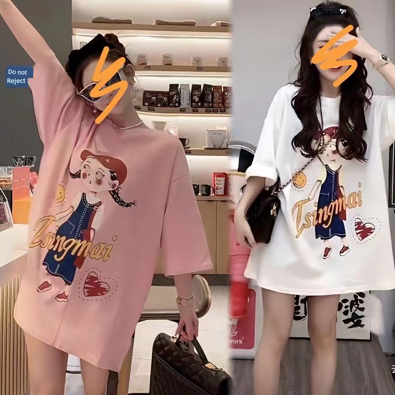 European Goods Pure Cotton Plus Size New Loose-Fitting Short Sleeves Female 2024 Summer Cartoon Young Girl Print Slimming Half Sleeve T-shirt Fashion