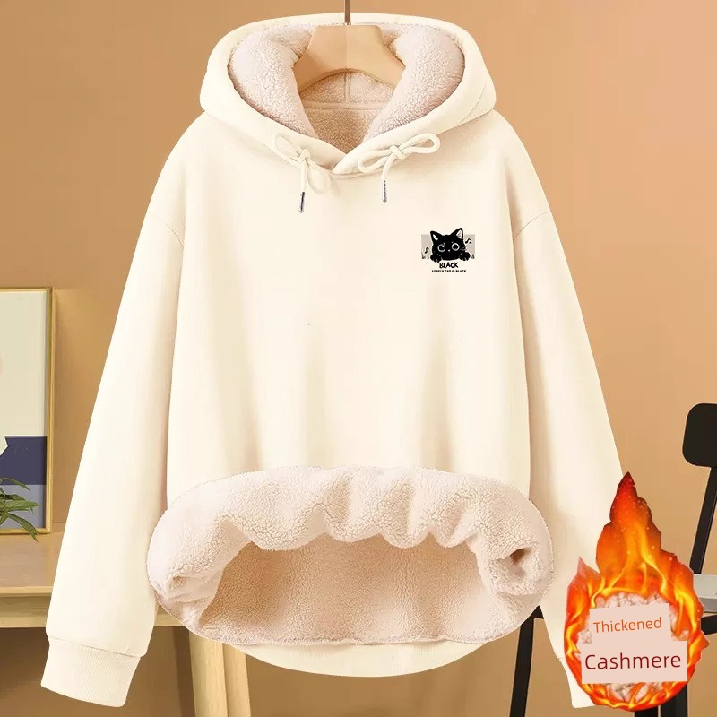 Idle Style Cashmere Hooded Sweatshirt Female 2025 New Arrival Winter plus Size Plus Size Ladies Fleece-lined Thickened Loose-Fitting Jacket Tide