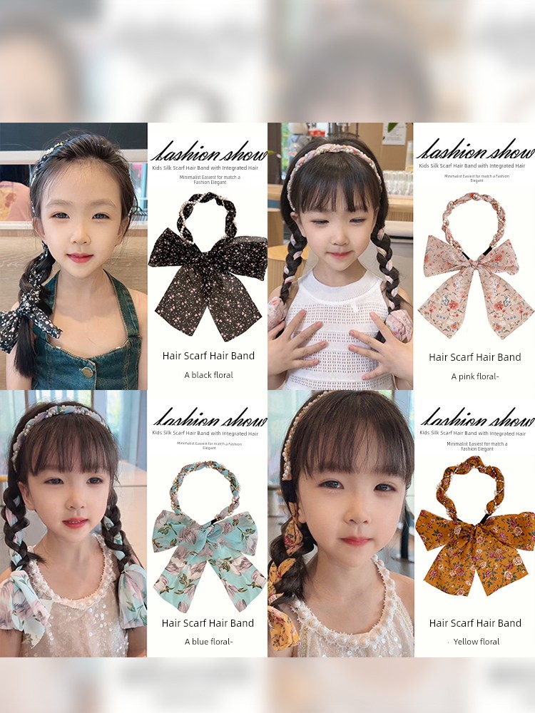 Children Hair Braiding Hair Band Female 2024 New Arrival Silk Scarf Bench Hair Tie Ribbon Integrated Streamer Headband Headband Headdress