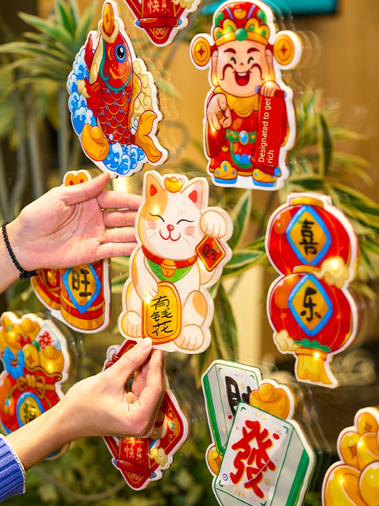 2025 New Year Decorations Luminous Jelly Stickers Colored Lights Fortune Sticker Creative Cartoon Lucky Cat New Year Atmosphere Layout