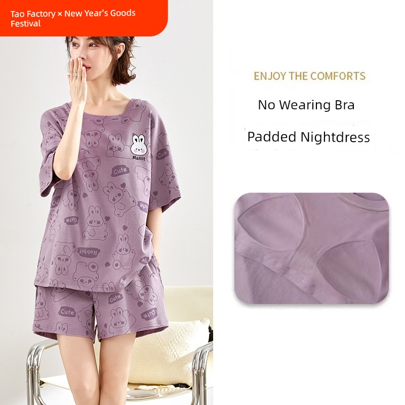 Pajamas Women's Short Sleeve Outwear Cotton Nightdress with Chest Pad Plus Size Wear-Free Bra Homewear Suit Nipple Coverage
