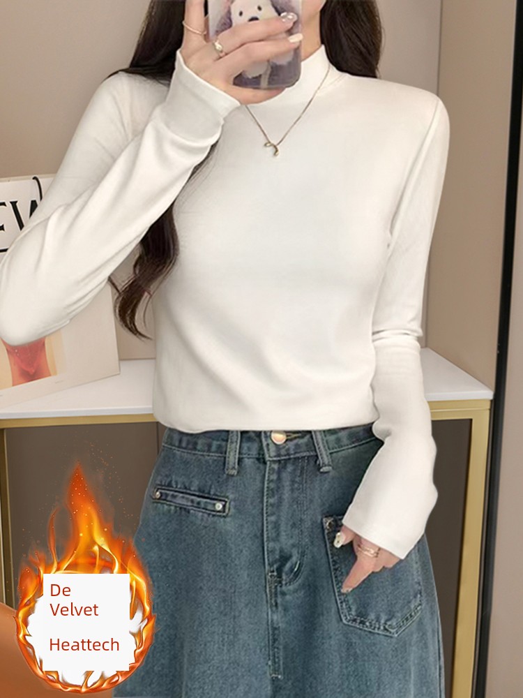Women's Half Turtleneck Double-Sided Dralon Bottoming Shirt Slim Fit Long-Sleeved T-shirt Autumn and Winter Thickened, Sanded Fabric Heattech Inner Wear Blouse