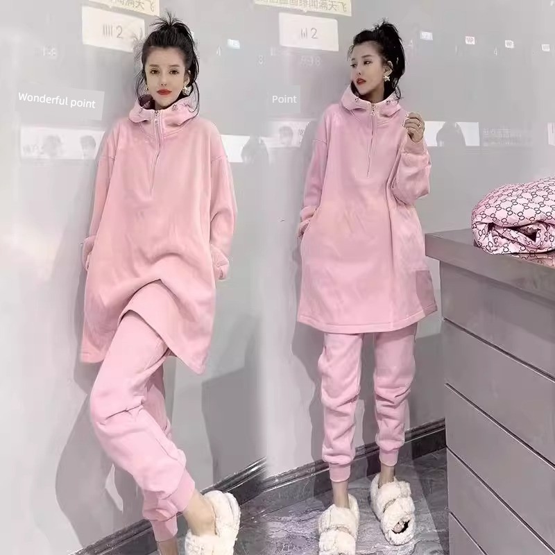 Ozhouzhan Plus size 2024 Autumn and Winter New Western Style Half Open Zip-up Hoodie Women All-Matching Harem Pants plus Velvet Suit
