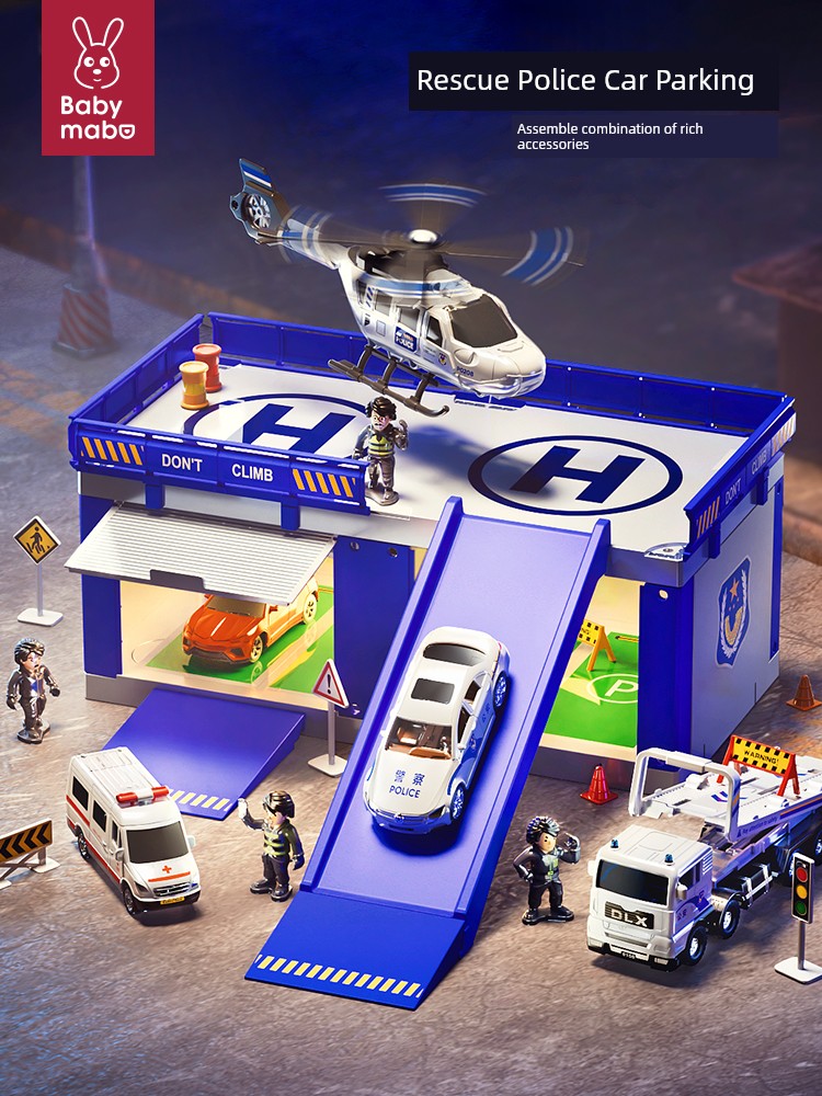 Large Police Parking Lot Toy Boy Kids Helicopter Ambulance Trailer Small Car Garage Model Combination Suit