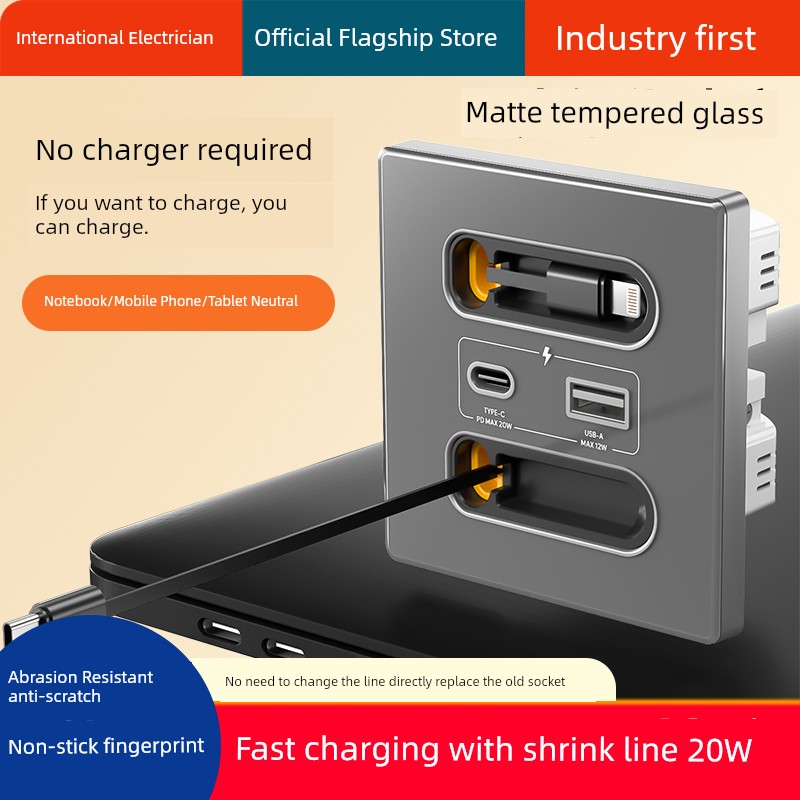 With Flexible Wire Apple 20W Fast Charging USB Socket Tempered Glass Switch Panel 86 Type Charging Type-C For Home