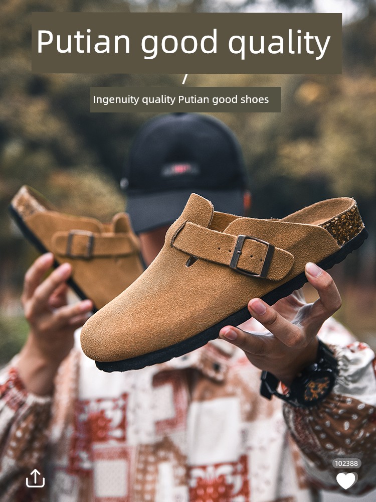 Authentic Leather Toe Box Birkenstock Men's and Women's Thick Sole Height Increasing Slippers Outwear Soft Bottom Half Support Boken Slip-on Loafers