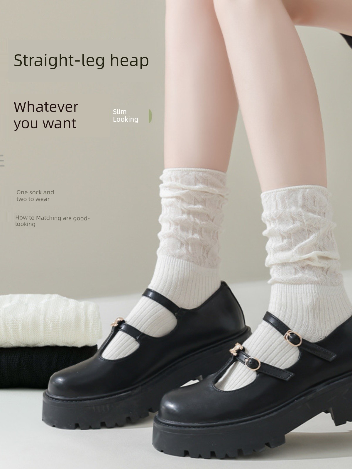 Lolita JK Lace Tube Socks Women's Ballet Style Straight-leg Pile Style Dual-Use White Calf Socks with Small Leather Shoes