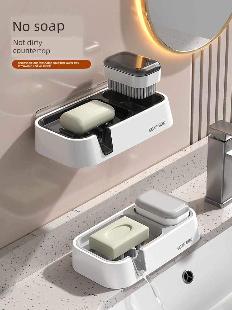 Soap Dish Wall-Mounted Punch-Free For Home Draining Toilet High-End New Double-Layer Soap Storage Rack with Brush