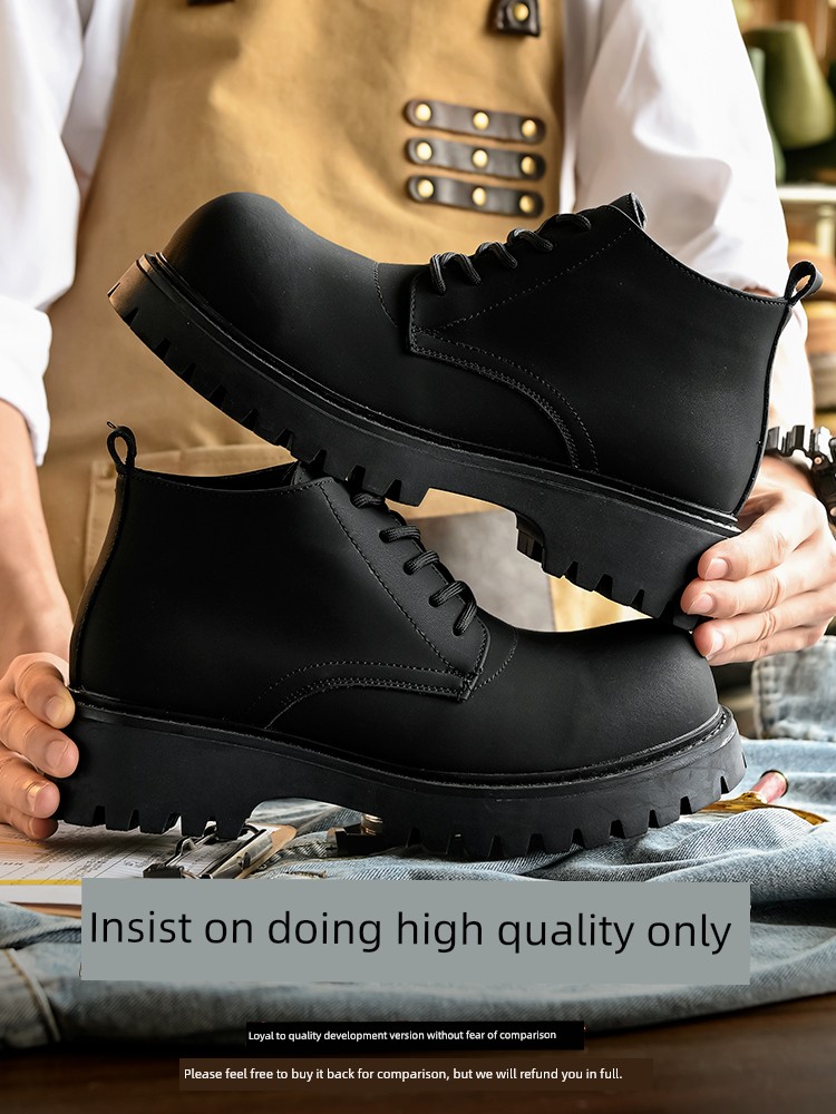 Mickey Big Head Boots Mid-Top Leather Derby Shoes Female Thick Sole Extra Height, Black Locomotive Parka Motorcycle Boots
