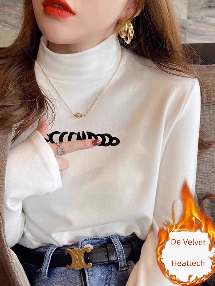 Double-Sided Dralon Half Turtleneck Bottoming Shirt Women's Clothing Fleece-lined Thickened Mid-Collar Inner Wear Stand-up Collar Long Sleeve T-shirt Heattech Tops