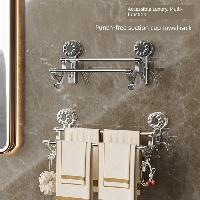 Double Rod Suction Cup Towel Rack Home Bathroom Punch-Free Storage Belt Hook Wet and Dry Dual-Use Accessible Luxury Hanging Rod Storage Rack