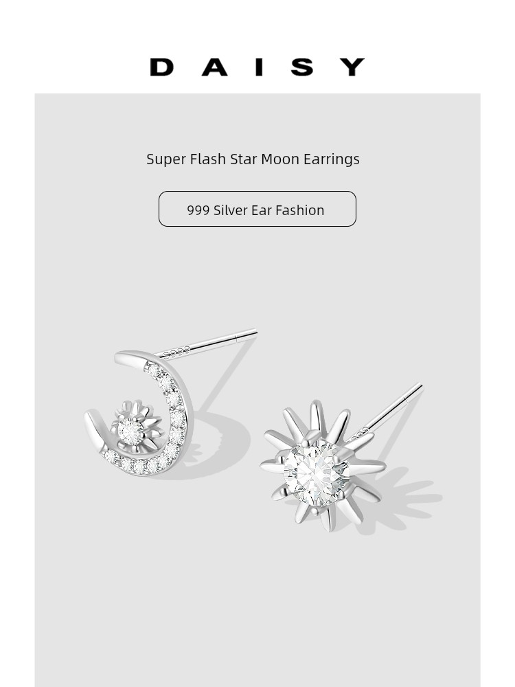 999 Sterling Silver Diamond Star and Moon Ear Studs Women's Accessible Luxury Special-Interest Design Asymmetric Earrings Super Shiny Elegant Classy Earrings