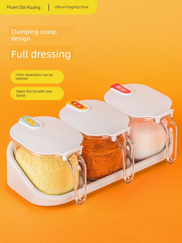 Cooker King Condiment Dispenser Combination Suit For Home Kitchen Integrated Multi-Grid Salt, Sugar, and Monosodium Glutamate Bottle & Can Seasoning Storage Box