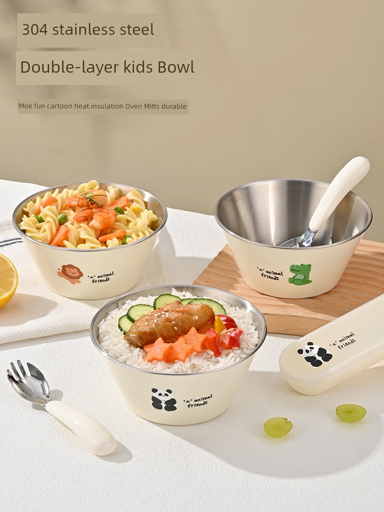 Children's Bowl Food Grade 304 Stainless Steel Double-Layer Heat Insulation Solid Food Bowl Baby Eating Tableware Drop-Proof and Hot-Proof