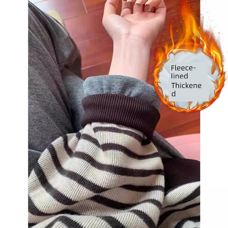 Extra Large Size 150.00kg K-style Stripes round Neck Sweatshirt Women's Autumn and Winter Loose Velvet Thickened Non-Hoodie Pullover Tops