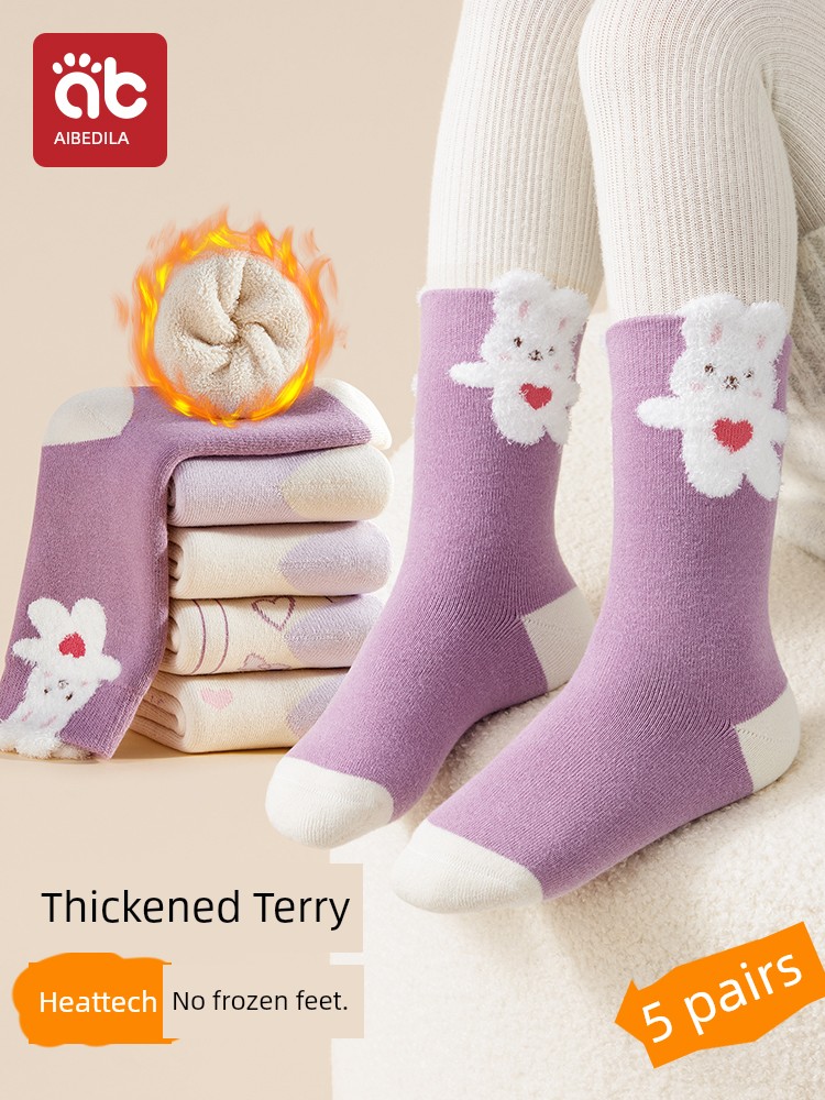 Girl Children's Socks Autumn and Winter Thickening Kids Pure Cotton Fleece-lined Terry-Loop Hosiery Little Girl Baby Cotton Socks Winter New Children's Socks