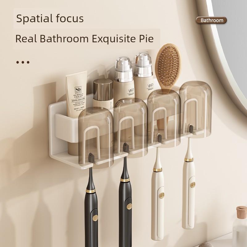 Jujiajia Toothbrush Rack White Color with Perforated Holes-Free Toilet Cup Storage Wall-Mounted Electric Tooth Storage Rack