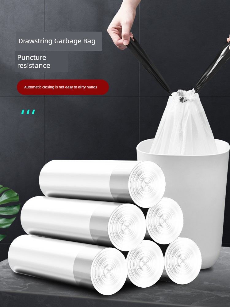 Garbage Bag For Home Automatic Closing Drawstring Plastic Bag Thickened Kitchen Disposable Large Rope Plastic Garbage Bag