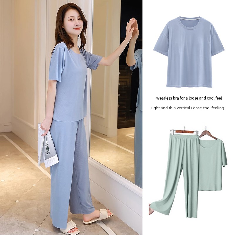 Summer Pajamas Women's Ice Silk Short Sleeve Pants Homewear Suit Summer Loungewear Outwear Women's Plus Size Intimates