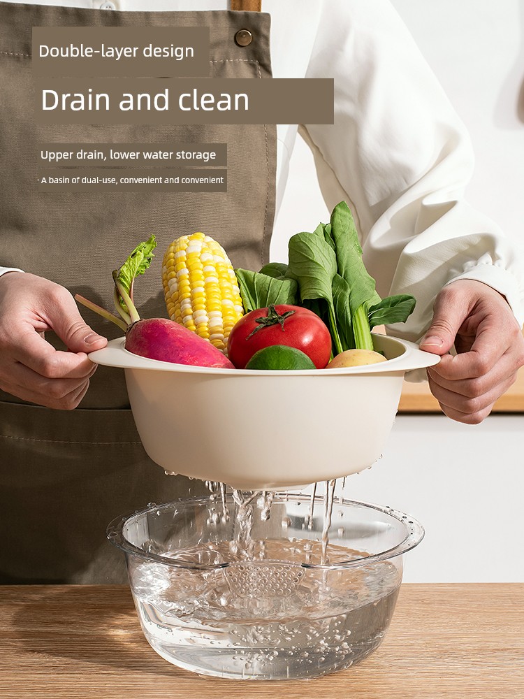 Washing Basin Plastic Double-Layer Drain Basket Bowl Strainer Fabulous Rice Washing Gadget Vegetable Basket Washing Vegetables Basin For Home Kitchen Washing Fruit Plate