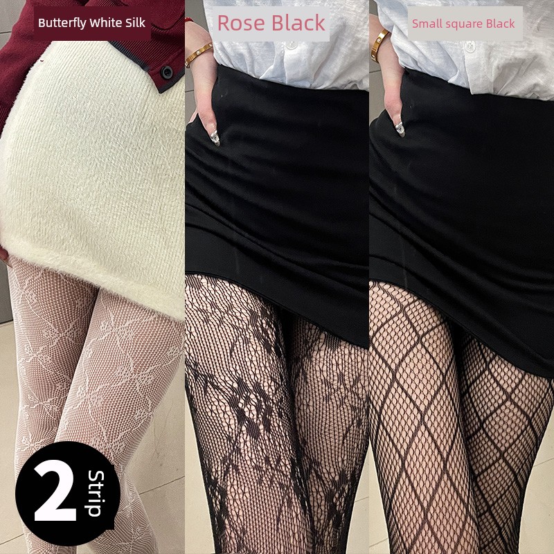 Jacquard Black Silk Women's Sexy Lace Stockings Hollow Fishnet Socks White Silk Sentiment HANAFUJI Stockings Pure Desire Pantyhose