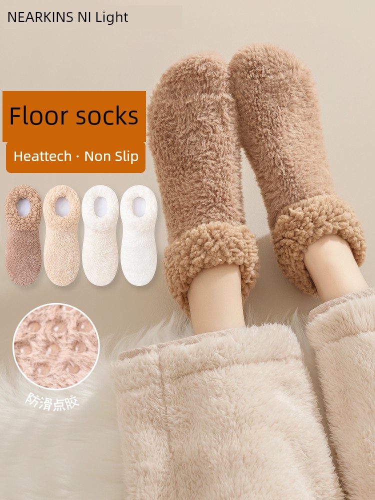 Berber Fleece Silicone Non-Slip Room Socks Women's Adult Autumn and Winter Warm Fleece-lined Thickened Home Sleep Plush Socks