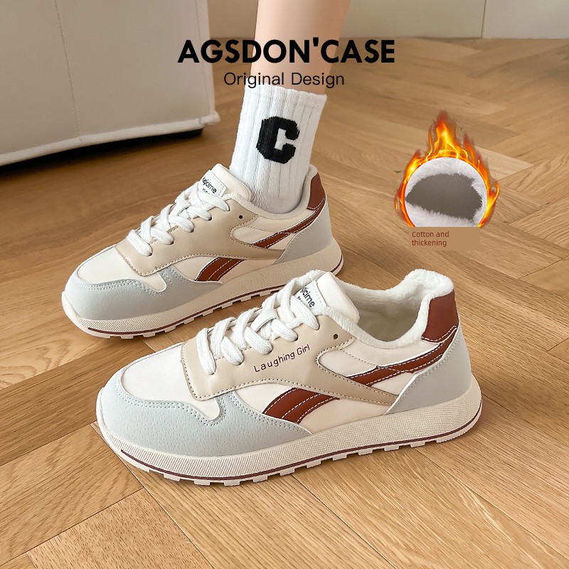 Sneaker Women's 2024 New Autumn and Winter Fleece-lined White Shoes Casual Warm Cotton-padded Shoes Popular Waffle Cortez