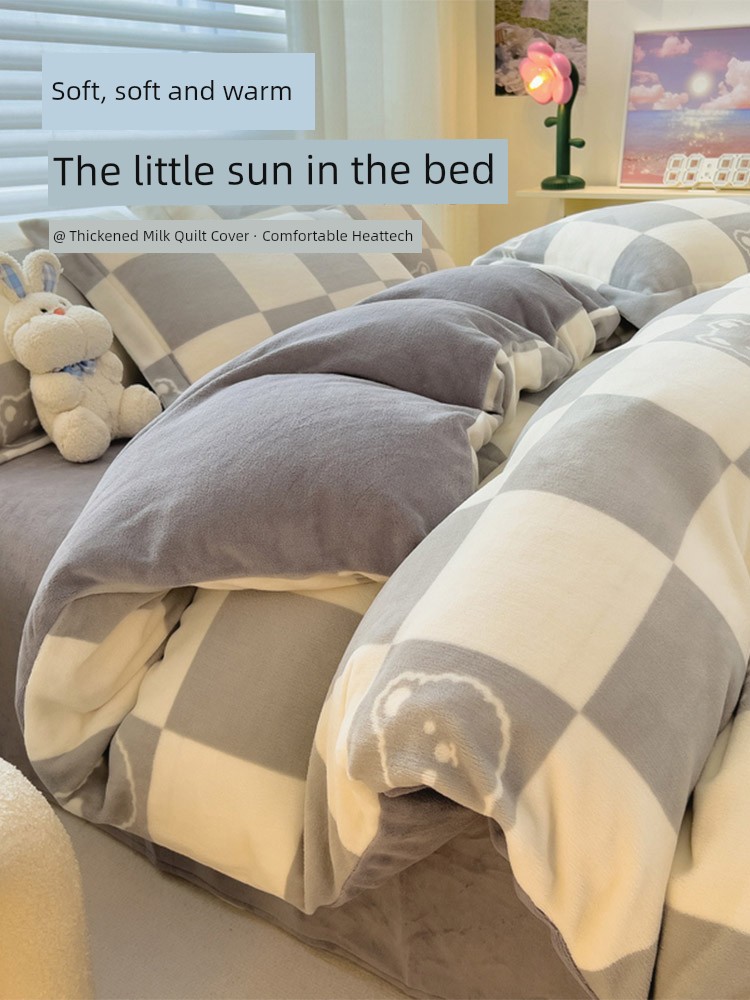 Winter Thickened Double-Sided Milk Fiber Duvet Cover One-Piece Flange Coral Fleece Bed Sheet Quilt Cover Quilt Double Three Or Four Piece Suit