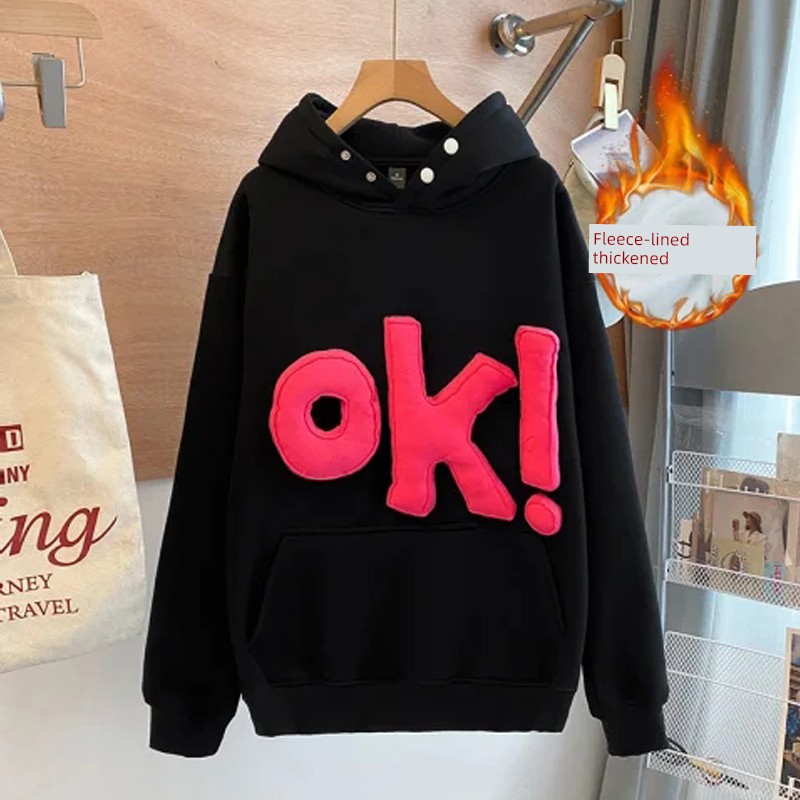 Hood American Hoodie Outerwear 2024 New Three-Dimensional OK Letters Fleece-lined Men and Women Couple Loose All-Match Top Fashion