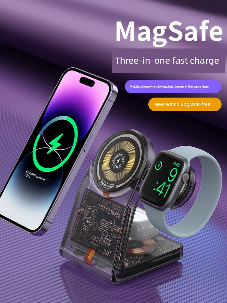Miaoku MagSafe Three-in-One Wireless Charger Magnetic Suction Suitable for iPhone Watch Headset S8 Charging Bracket Base AppleWatch Desktop Portable Iphone14iwatch