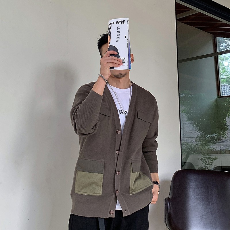 Spring and Autumn Men Sweater Cardigan Coat Patchwork American Casual Sweater Long Sleeve Sweater Korean Style Fashion Brand