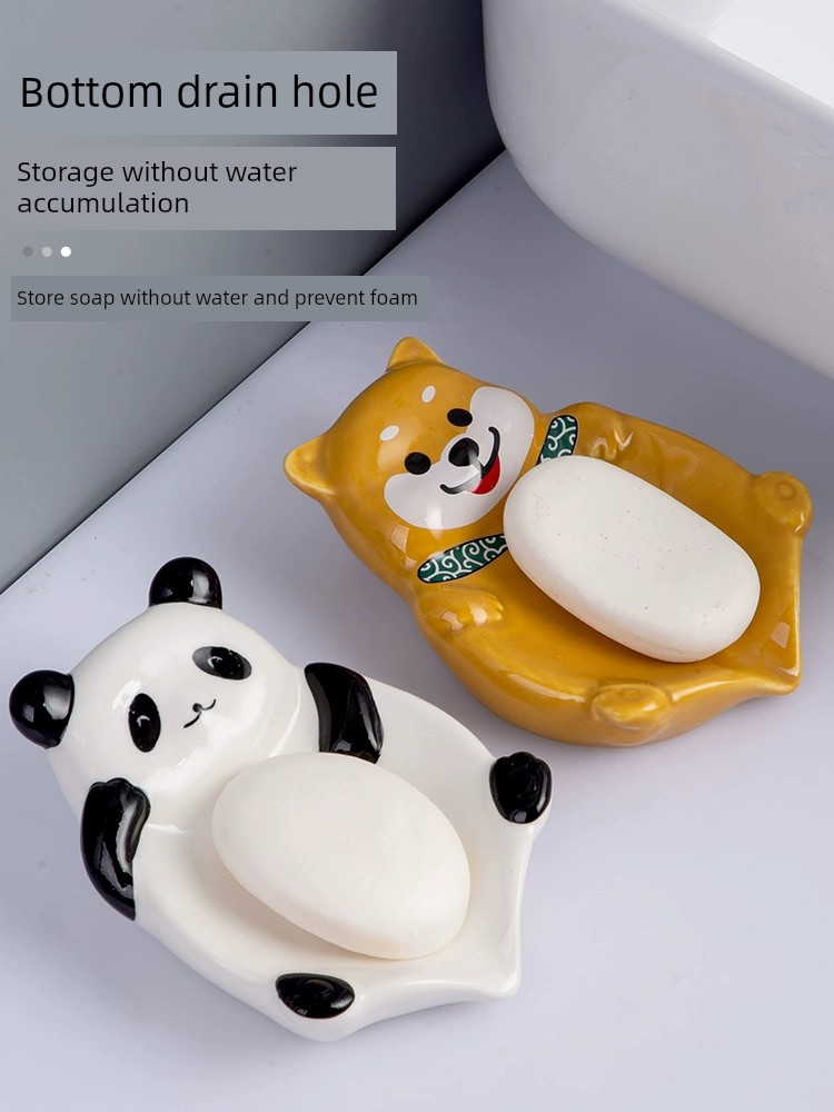Jujiajia Panda Ceramic Soap Box Household Good-looking Cartoon Soap Box Bathroom Draining Rack Soap Dish
