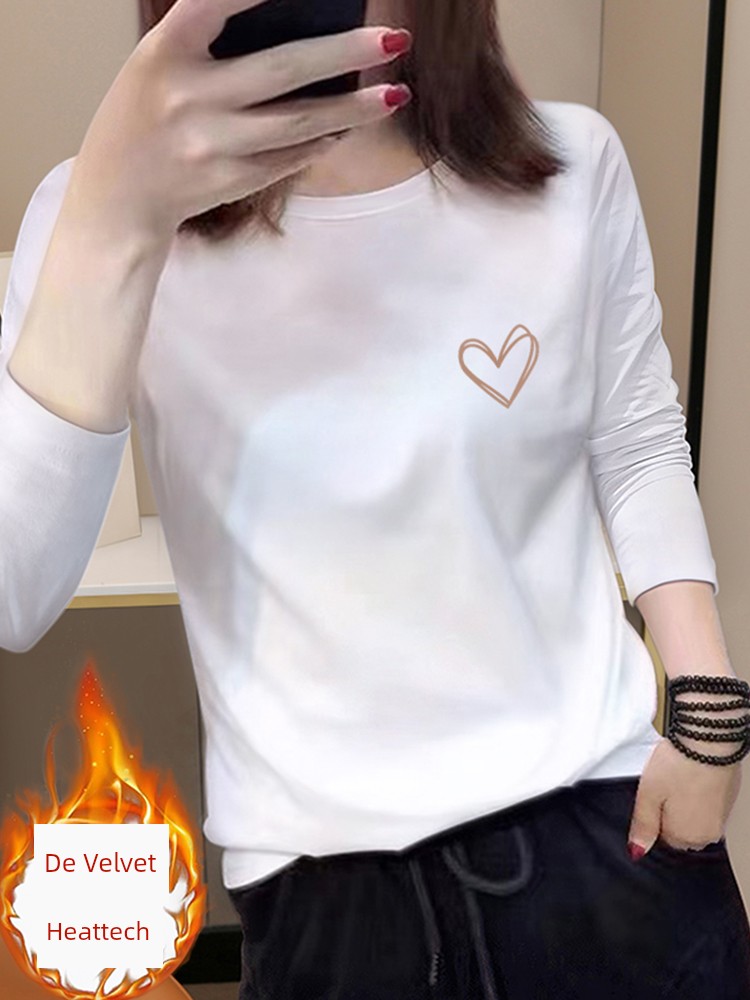 White Long Sleeve T-shirt Women's Loose 2025 New Arrival Underwear Crew Neck plus Houde Velvet Bottoming Shirt Autumn Winter Coat Tide