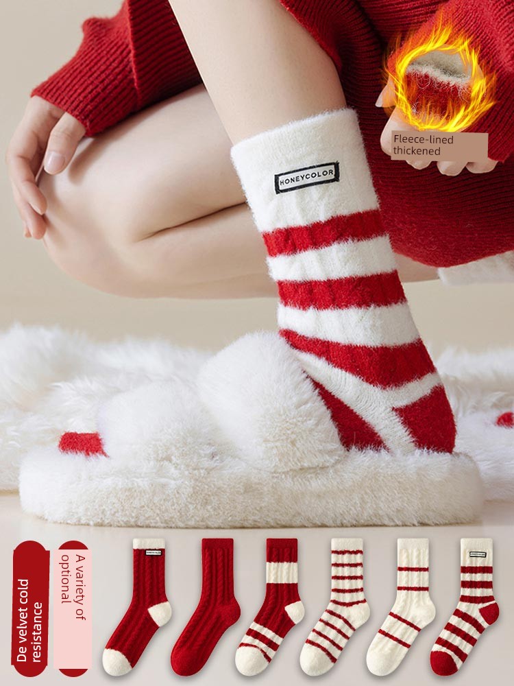 Tube Socks Children Dralon Fall and Winter 2025 New Arrival Fleece-lined Thickened Hongyun Floor Sleeping Socks Zodiac Anniversary Year Red Socks